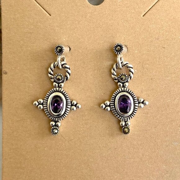 Sterling Silver 925 Oval Purple CZ & Marcasite Rope Accent Dangle Drop Earrings - Picture 2 of 16